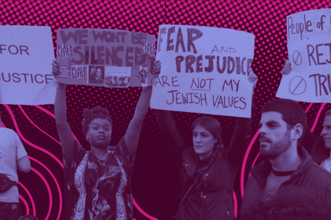 Collage of protestors at anti-racist protests and a JFREJ action. 