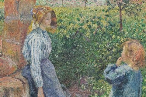 an impressionist style painting of a mother and a child in nature