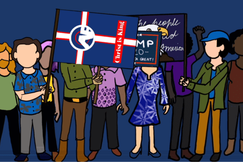 An animated group of groyper protestors