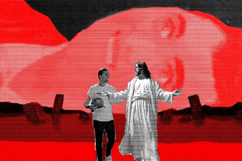 a collage of mountains and charlie Kirk and Jesus