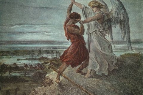 A painting of an angel fighting with a man on a cliff
