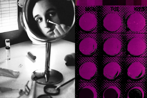 A collage of a black and white image of a person putting on make up and a pill packet