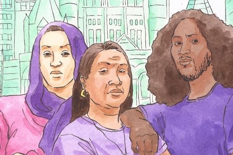 a watercolor painting of three people standing in front of a church and high rise in boston