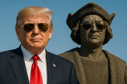 Trump and a statue of Columbus side by side in matching aviator shades.