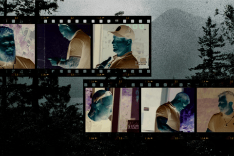 collage of film over a picture of mountains and trees