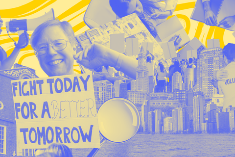 Yellow and bright blue collage featuring PRA founder Jean Hardisty