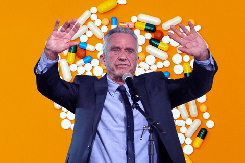 JFK hands up in front of prescription meds